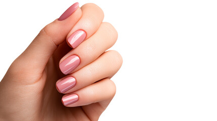 Hand with manicured oval nails in a muted pink gel polish