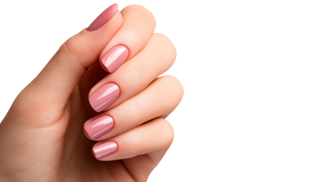 Hand with manicured oval nails in a muted pink gel polish