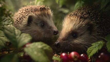 Fototapeta premium Happy Hedgehogs Exploring a Lush Garden Setting