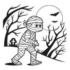 black and white mummy halloween coloring page