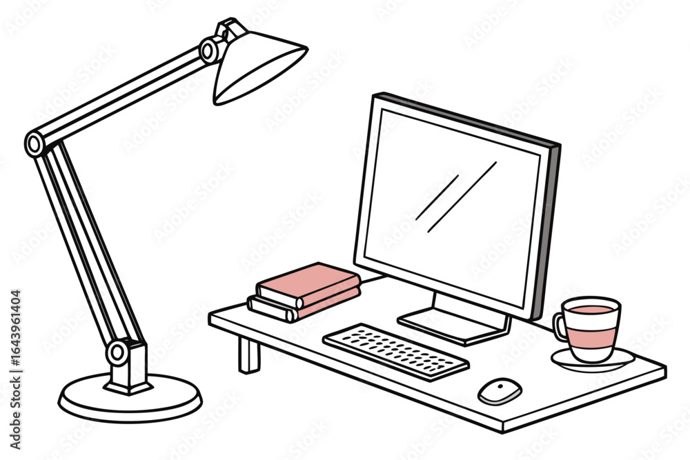 Poster desk setup with computer lamp books and coffee isolated on white background