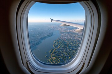View from an airplane window shows a wing river city and landscape under a clear blue sky