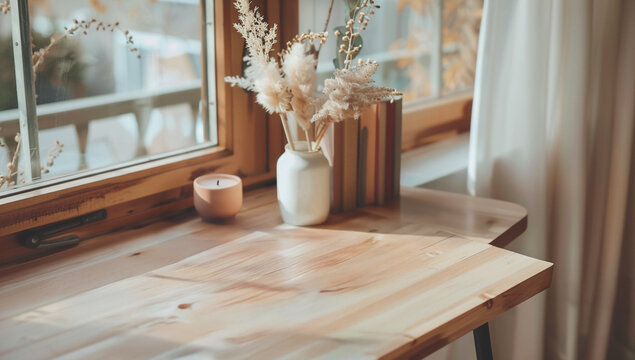 sunlit cozy corner with blank wooden table bathed in natural light