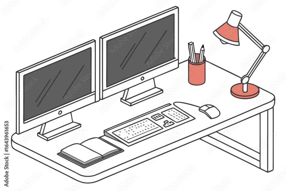 Poster modern dual computer setup with desk lamp and open book isolated on white background