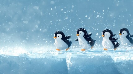 Playful Penguins Sliding on Ice in a Winter Wonderland Scene