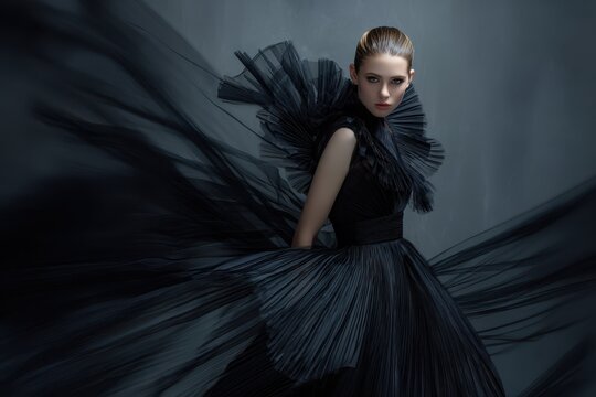 Fashion model showcases dramatic black gown in high-fashion studio setting during an artistic photoshoot