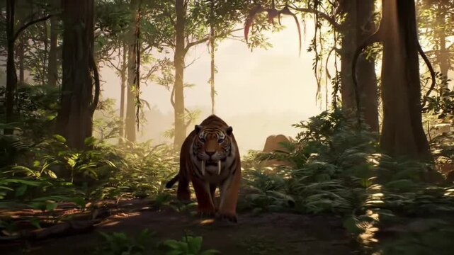 Smilodon Stalking Through Prehistoric Jungle at Dawn