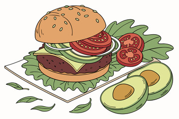 Delicious hand drawn burger with fresh avocado and tomato slices isolated on white background