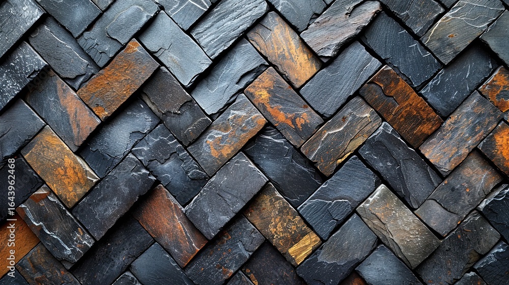 Poster intricate herringbone pattern formed by rustic slate stone bricks for creative design