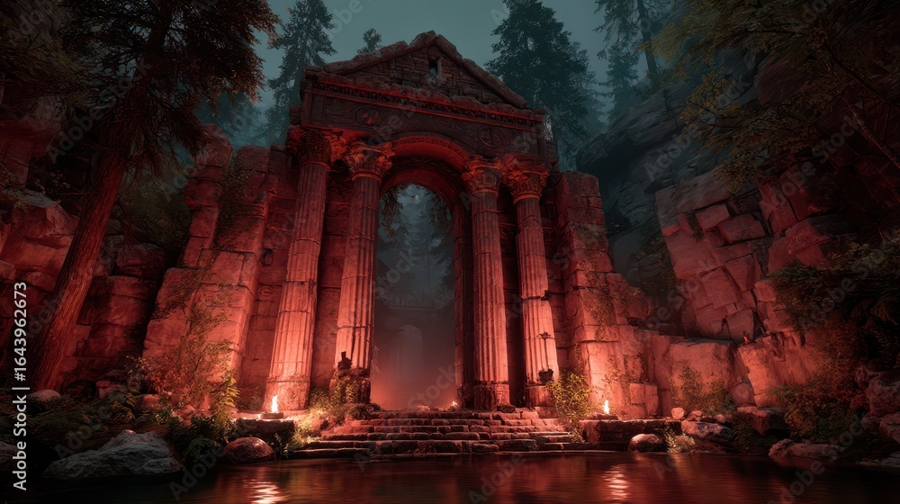 Poster ancient ruins with fiery gate in mysterious forest setting