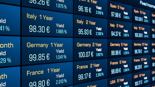 Close up bond market yields and prices, government bonds of Italy, Spain, Germany. Financial markets, investment, debt, analyzing, data. 3D animation