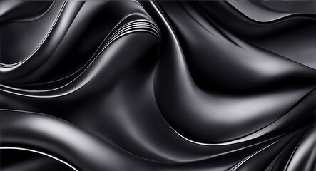 Abstract 3D Wave Black Silk Fabric Background with Hyper-Realistic Smooth Satin Texture, Luxurious Drapery, Seamless Artistic Backdrop, and High-Detail Photorealistic Elegant Satin Material Design
