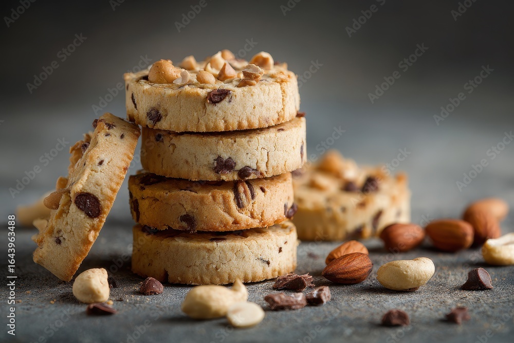 Poster freshly baked cookies stacked with nuts and chocolate chips on a rustic table