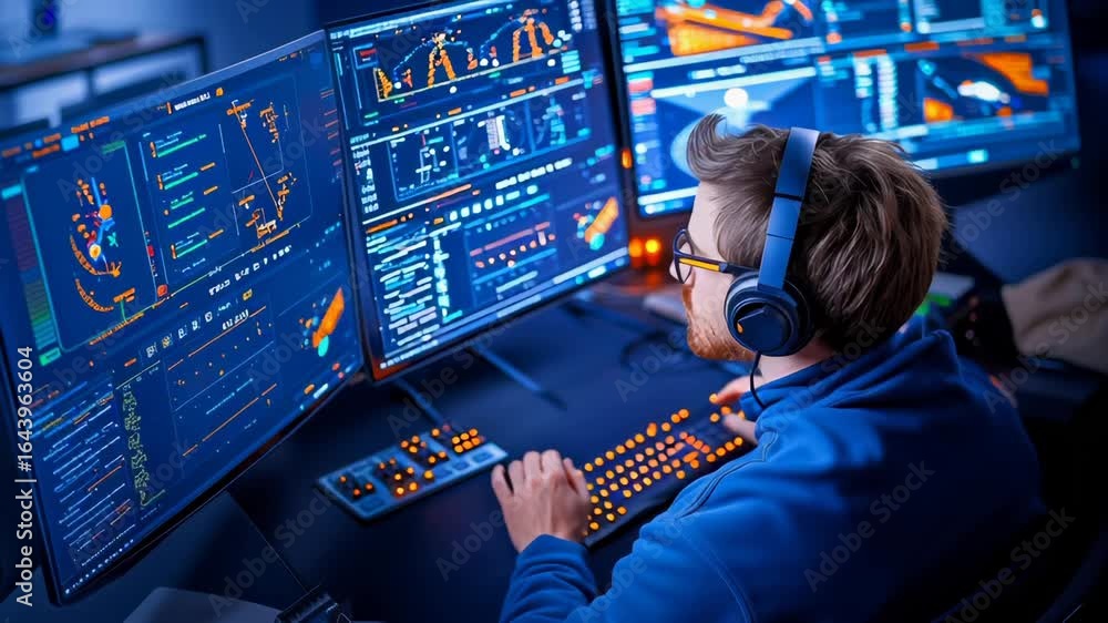 Poster tech professional wearing glasses and headphones analyzes complex data visualization across multi-sc
