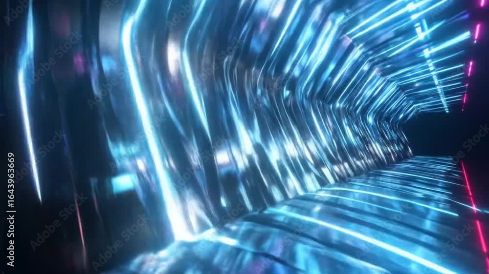 Poster immersive technology in 3d rendering of abstract neon tunnel, futuristic space animation, blue and
