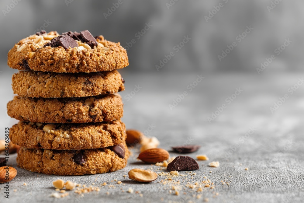 Poster stack of delicious homemade cookies with chocolate chunks and nuts on a rustic surface