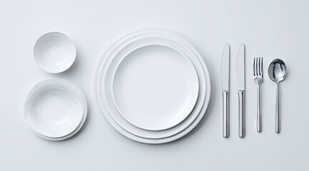 Minimalist tabletop setting two white bowls, three white plates, knife, fork, spoon on white background