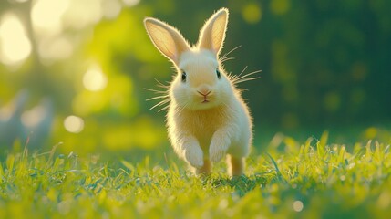 Fototapeta premium Cute rabbit hopping on green grass with blurry background