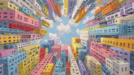 Fototapeta premium Looking up from a ground-level perspective, the colorful high-rise buildings create a striking urban landscape. The vibrant hues contrast beautifully with the blue sky and fluffy clouds above.