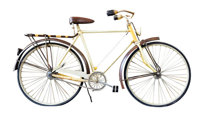 side view dicut of old vintage yellow bicycle isolated on white background, png, ai generated.