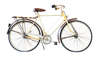 side view dicut of old vintage yellow bicycle isolated on white background, png, ai generated.