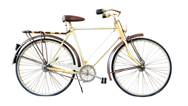 side view dicut of old vintage yellow bicycle isolated on white background, png, ai generated.