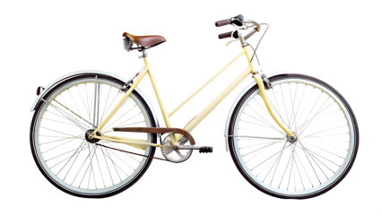 side view dicut of old vintage yellow bicycle isolated on white background, png, ai generated.