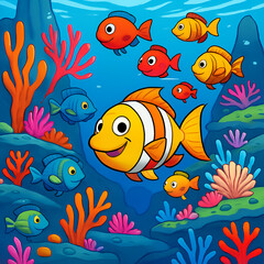 Naklejka premium Happy fish swimming under the sea in a coral reef. Ai