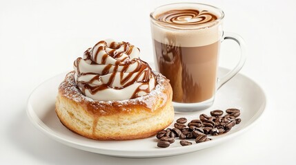 A cinnamon roll with whipped cream and chocolate drizzle next to a latte and coffee beans on a plate