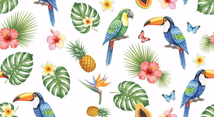 Fototapeta premium Seamless watercolor tropical pattern with parrots, toucans, hibiscus flowers, monstera leaves, pineapples, papayas, butterflies and palm leaves, exotic summer design for fabric, wallpaper and decor 