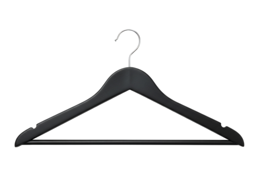 Black wooden clothes hanger on transparent background clothing storage solution