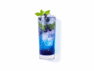 A vibrant blueberry mocktail with ice, mint leaves, and a blue hue.