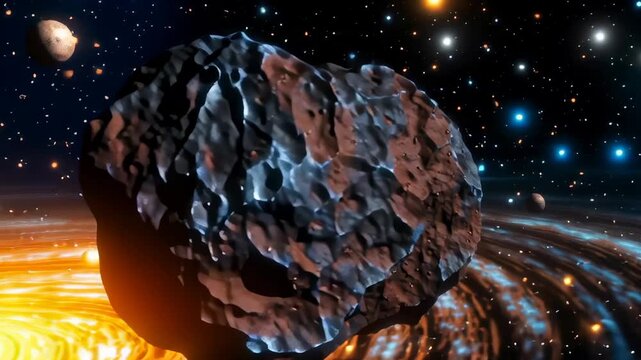 Large rocky asteroid floating near luminous galaxy with swirling orange and yellow accretion disk. Multiple planets and bright stars surrounding massive celestial object in deep space environment.