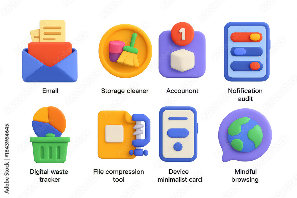 Poster set of icons for various apps, including a digital waste file compression tool