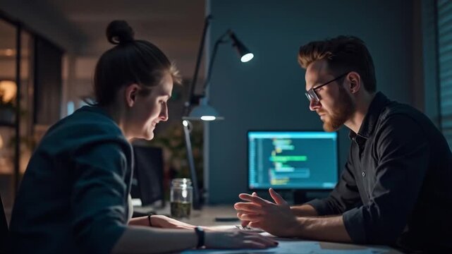Collaborative software engineers discussing coding late at night office environment