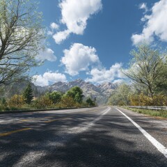 Fototapeta premium Sunny asphalt road curves gently through a verdant valley towards majestic mountains under a partly cloudy sky