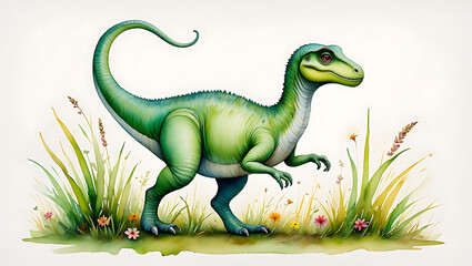 Obraz premium A vibrant green water colored dinosaur stands in a field of tall grass and flowers