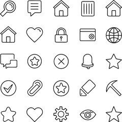 Minimal line icon set with home, heart, lock, gear, chat, bell, and globe symbols in modern outline design, perfect for web interface, app UI, digital design, and infographic projects.