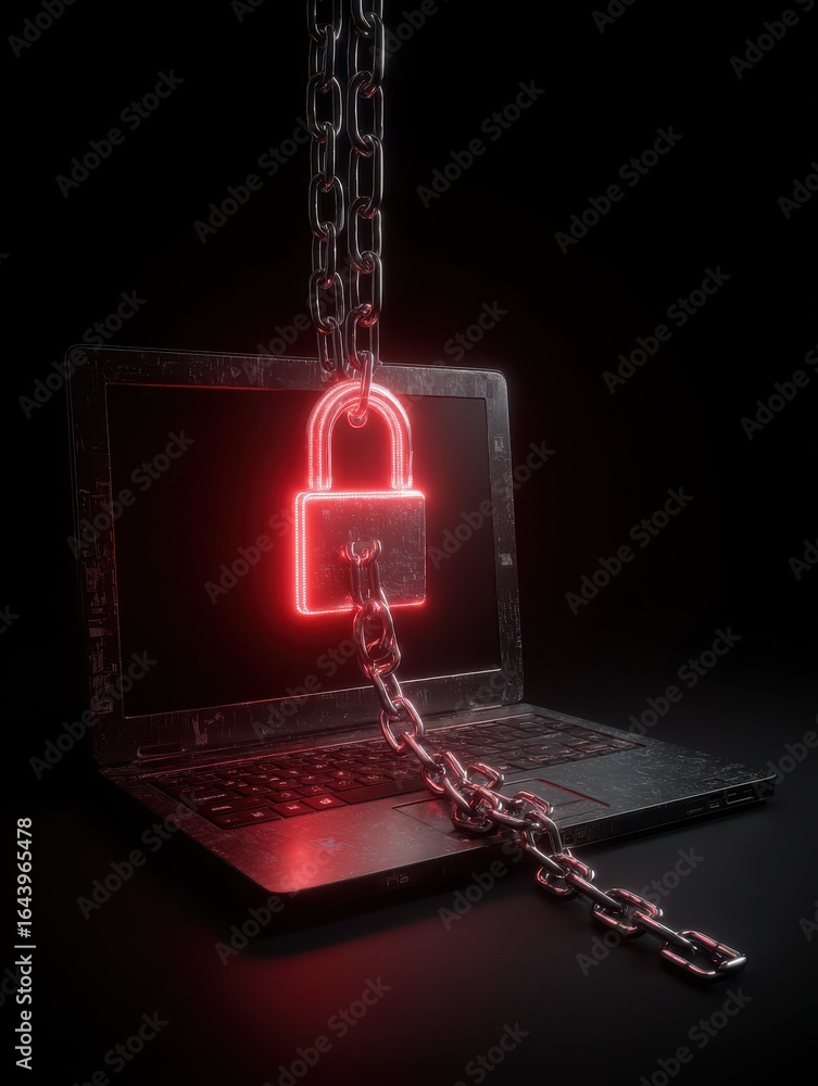 Poster cybersecurity a locked down world a laptop secured by a chain and a glowing red padlock symbolizing 