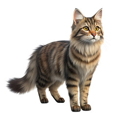 Obraz premium Brown tabby cat with yellow eyes standing isolated on black background on transparent background