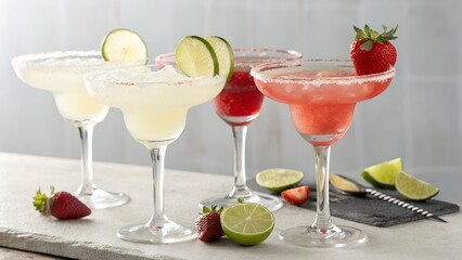 Assorted Margarita Cocktails with Lime and Strawberry Garnishes – Vibrant Summer Drink Flatlay