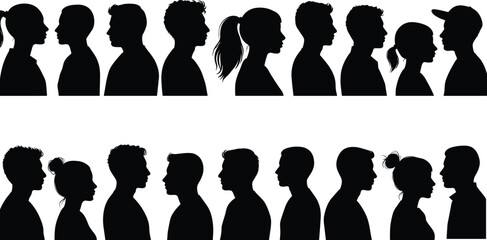 Silhouette profile portraits, diverse individuals, men and women, facing each other, black and white, isolated, vector illustration, minimal design © Snigdha Creatives