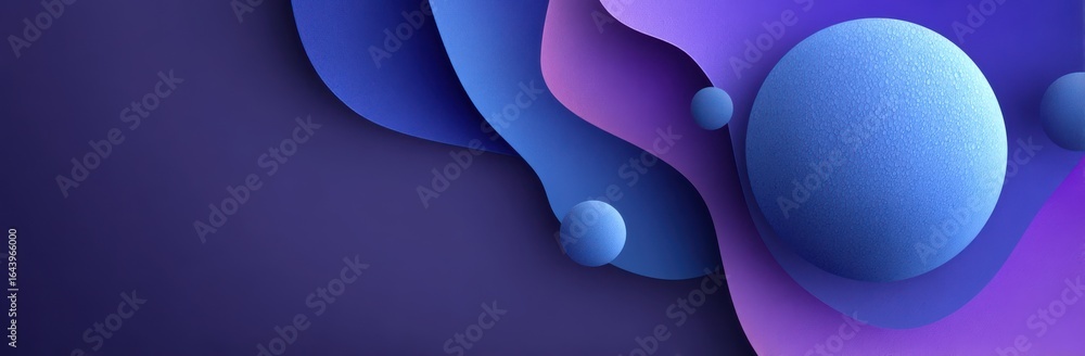 Poster abstract purple gradient background with blue textured spheres and fluid forms
