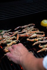 Person hands preparing grilling Virgin lobster and citrus on hot BBQ gas grill with great care and lots of garnish.