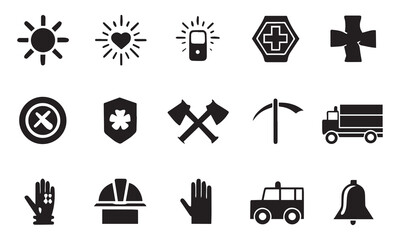 Fototapeta premium Emergency and Fire Safety Icons Ambulance, Fire Truck, Medical, Alert, and Rescue Symbols