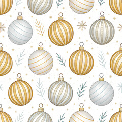 Minimal round baubles with simple stripes, muted gold and silver tones, seamless.
