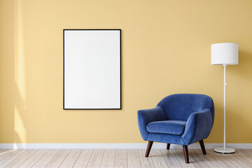 Blue velvet armchair with floor lamp and blank frame on yellow wall with copy space for business offers freelance work study courses psychology consulting and e commerce marketing