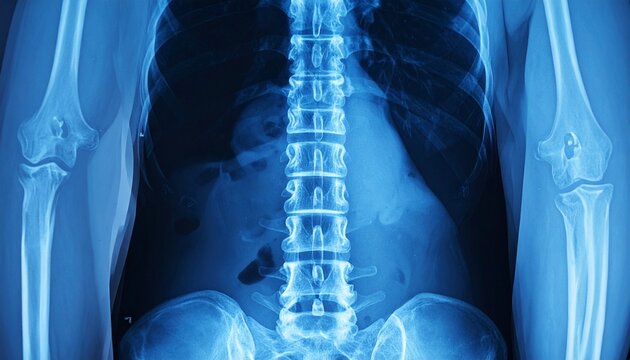 Detailed x-ray image of the human lower spine (lumbar region) showing vertebrae, intervertebral discs, and bone structure for medical diagnosis, spinal health assessment, and orthopedic evaluation