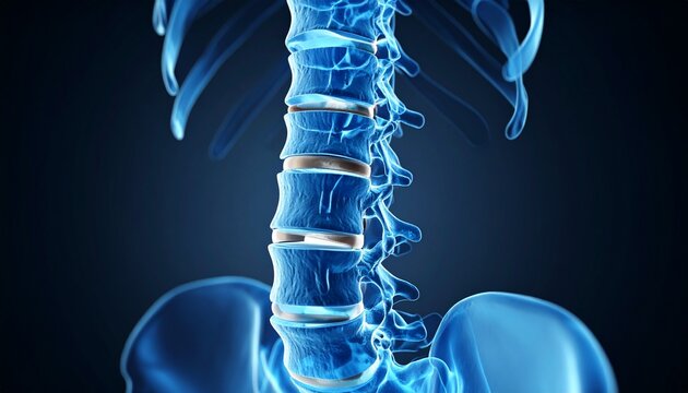 3D medical illustration of the lower human spine highlighting spinal issues such as herniated discs, nerve compression and inflammation, illustrating causes of pain for education and diagnosis purpose
