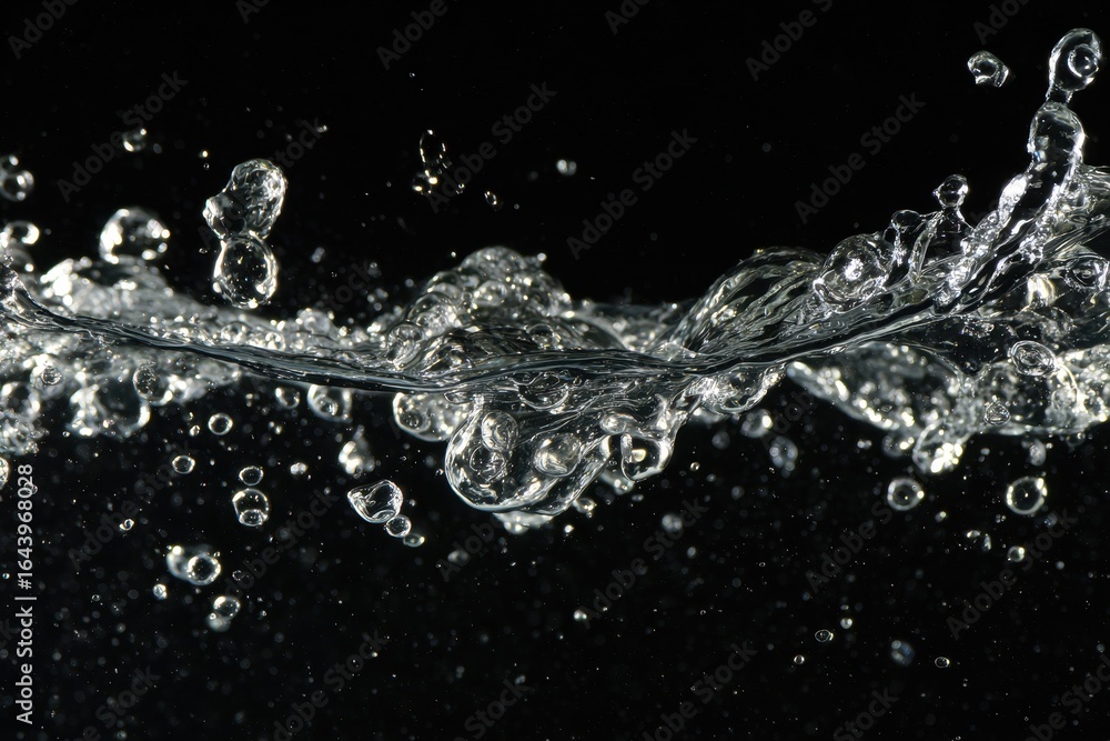Poster water splash captures dynamic movement in a dark setting with scattered droplets in the air